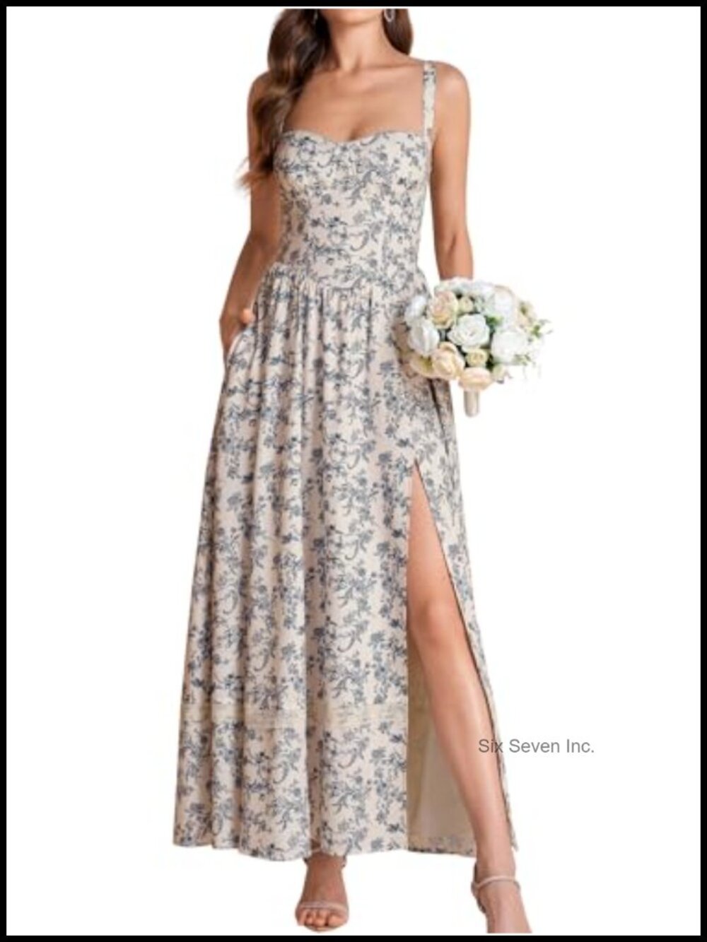 Womens Floral Corset Maxi Dress with Pockets Sweetheart Neck A-Line